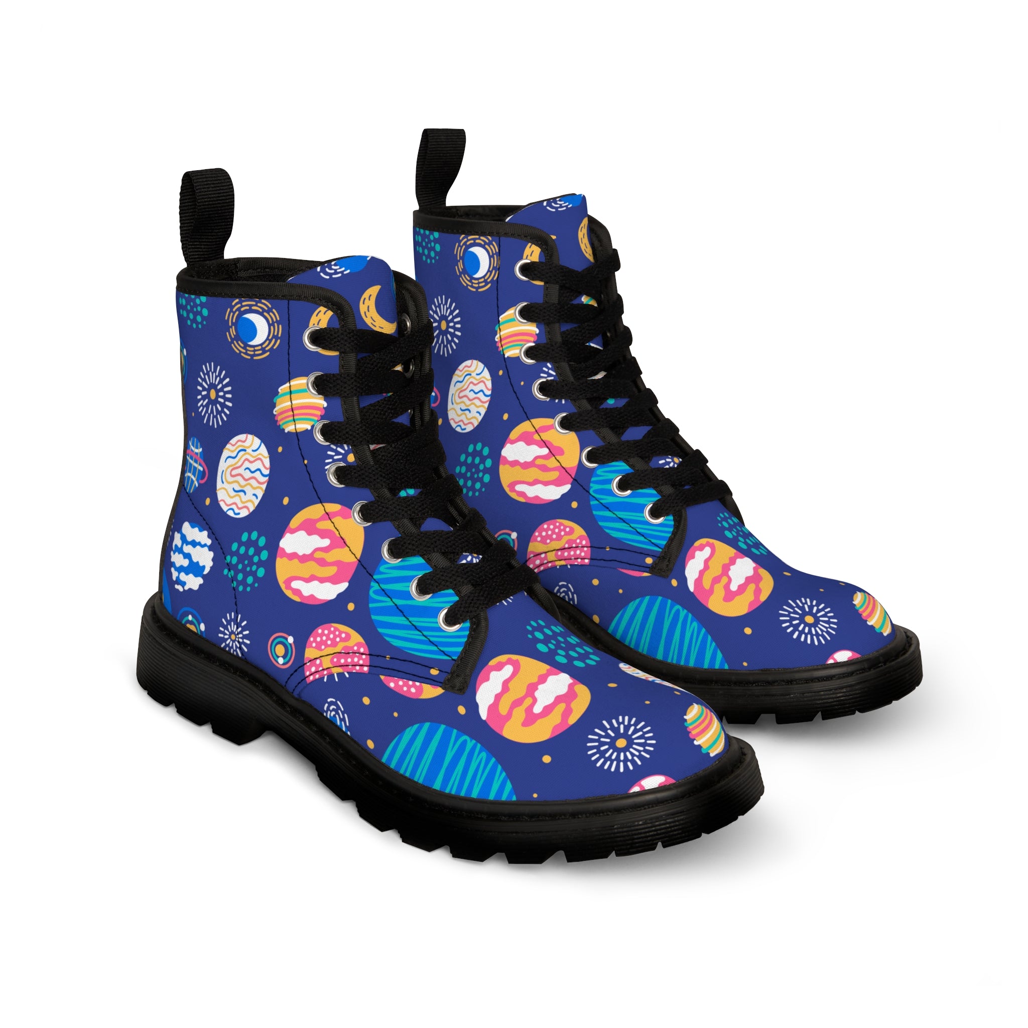 Custom Designer Canvas Lace up Boots for Women with Planet Prints in Black for a Space Enthusiast