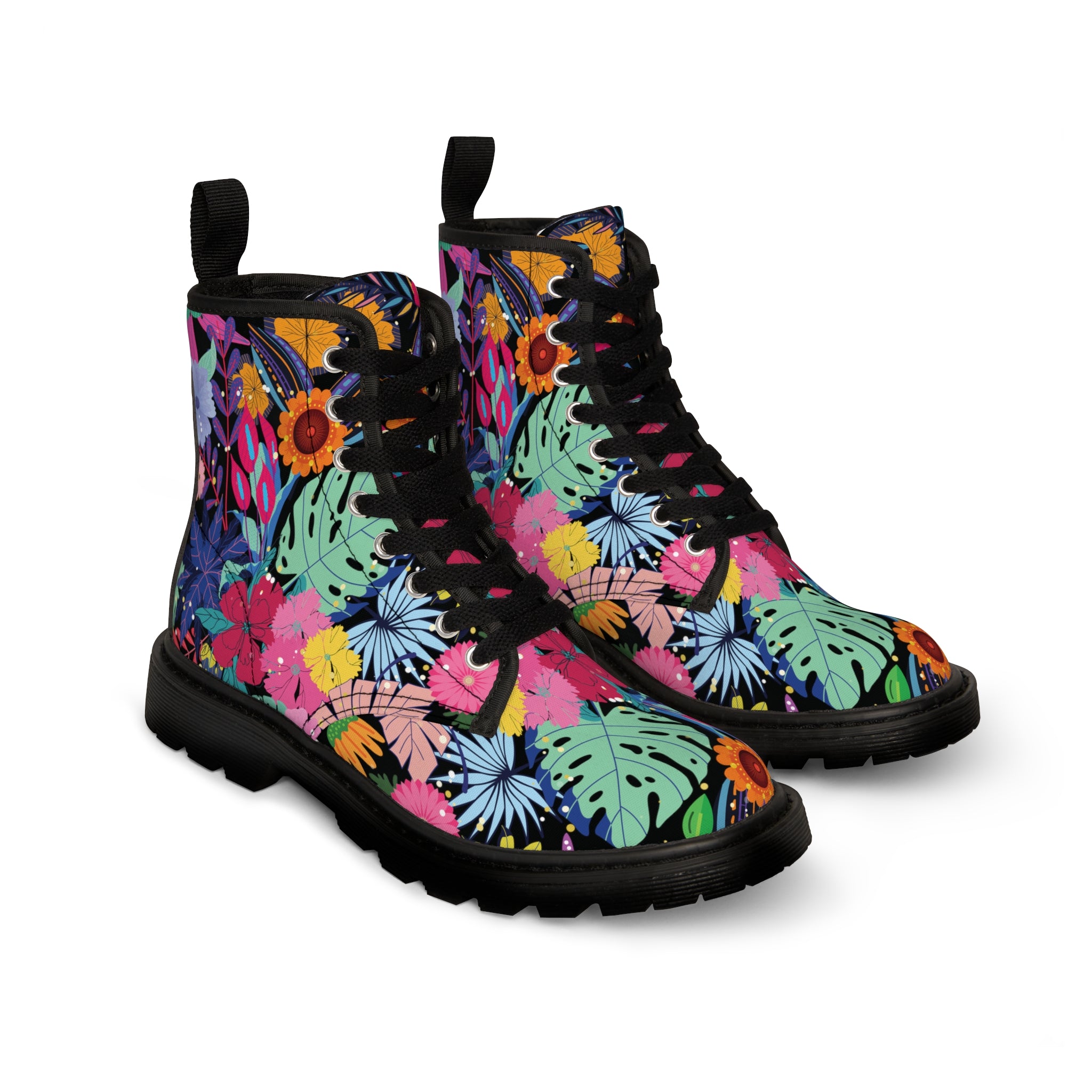 Custom Designer Canvas Lace up Boots for Women with Colorful Floral Prints in Black, Perfect Luxury Gift for Girlfriend