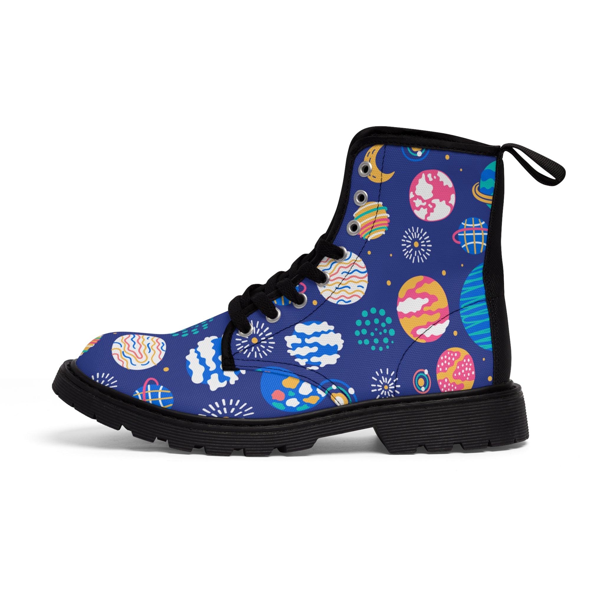 Custom Designer Canvas Lace up Boots for Women with Planet Prints in Black for a Space Enthusiast