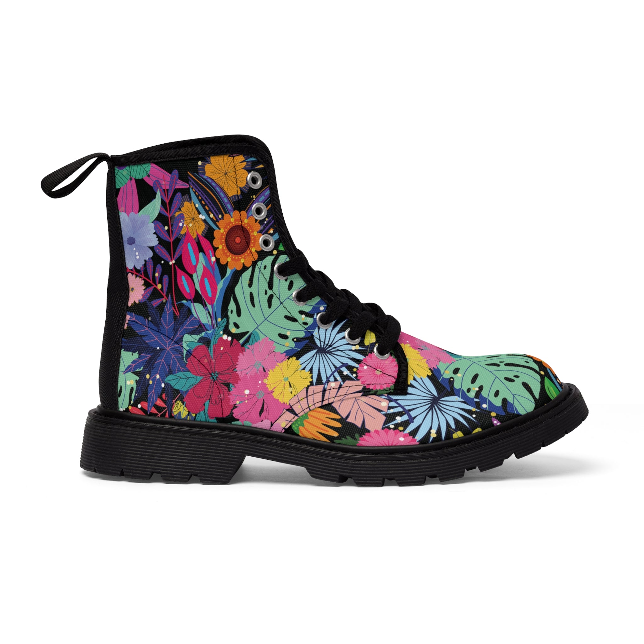 Custom Designer Canvas Lace up Boots for Women with Colorful Floral Prints in Black, Perfect Luxury Gift for Girlfriend